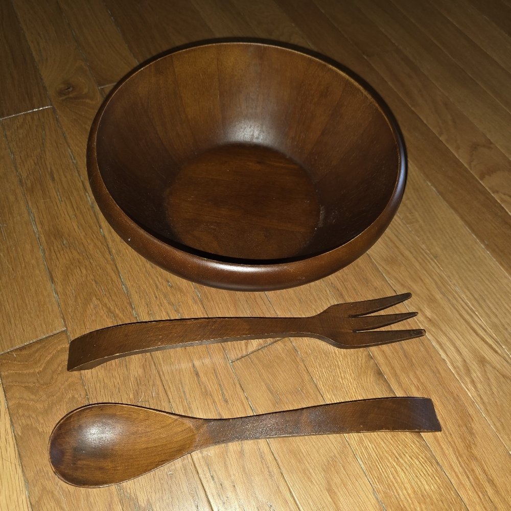 VINTAGE RUBBERWOOD MARKED Wooden Salad Bowl Set THOMAS O'BRIEN SET NOSEPARATING